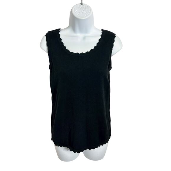 Isacc Mizahi Live Black Sleeveless Sweater Sz XXS Scalloped Trim Top Minimalist - Picture 2 of 7